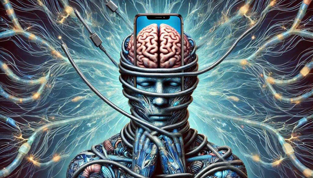 Mental Entrapment and Smartphone Addiction
ALT Text: A powerful visual representation of a human brain wrapped in smartphone cables, symbolizing cognitive overload and mental entrapment caused by excessive smartphone use, illustrating why people worry about preoccupation with smartphones.