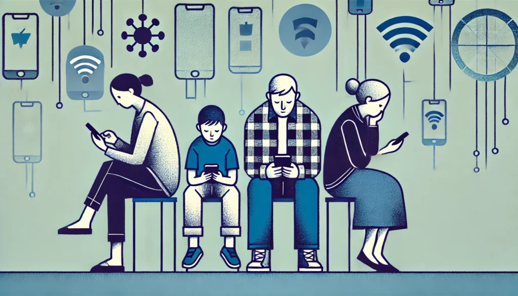 Social Disconnection Due to Smartphone Use
ALT Text: A thought-provoking illustration of a family sitting together, but each person is focused on their smartphone, ignoring each other, highlighting social disconnection and why people worry about preoccupation with smartphones.