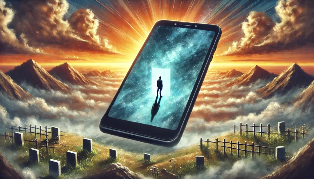 Trapped in a Digital World
ALT Text: A surreal digital painting of a person trapped inside a giant smartphone screen while their real-life surroundings fade away, illustrating concerns about preoccupation with smartphones.