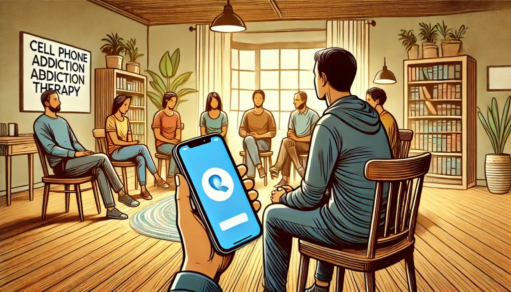 ALT Text: A thought-provoking illustration of a person sitting in a support group for cell phone addiction therapy. The group consists of individuals sharing their experiences in a welcoming and supportive environment. The setting is a cozy, well-lit room with a warm and inviting atmosphere.