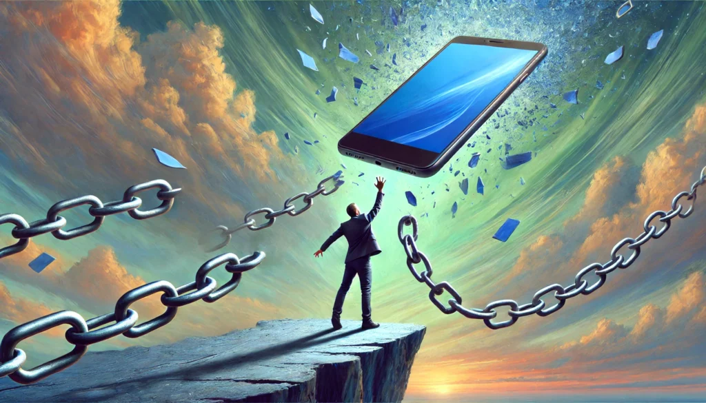 ALT Text: A surreal digital painting of a person breaking free from the chains of cell phone addiction. The person is depicted throwing away a giant smartphone, symbolizing liberation. The background is an abstract dreamscape, illustrating freedom and mental clarity.