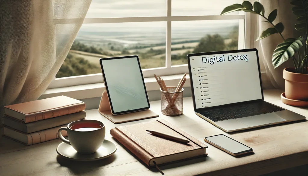 Image 4: Minimalist Digital-Free Workspace

ALT text: "A minimalist workspace featuring a journal, pen, and a cup of tea by a window with a view of nature. This image symbolizes mindfulness, self-reflection, and taking a break from screens for improved well-being during a digital detox challenge."