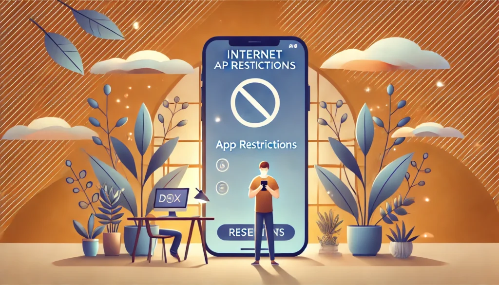 Image 3: Setting App Restrictions for Healthier Screen Time

ALT text: "A conceptual illustration of a person setting app restrictions on their smartphone using an internet detox app. The background features a calming environment with plants and warm lighting, symbolizing reduced screen time and improved well-being."