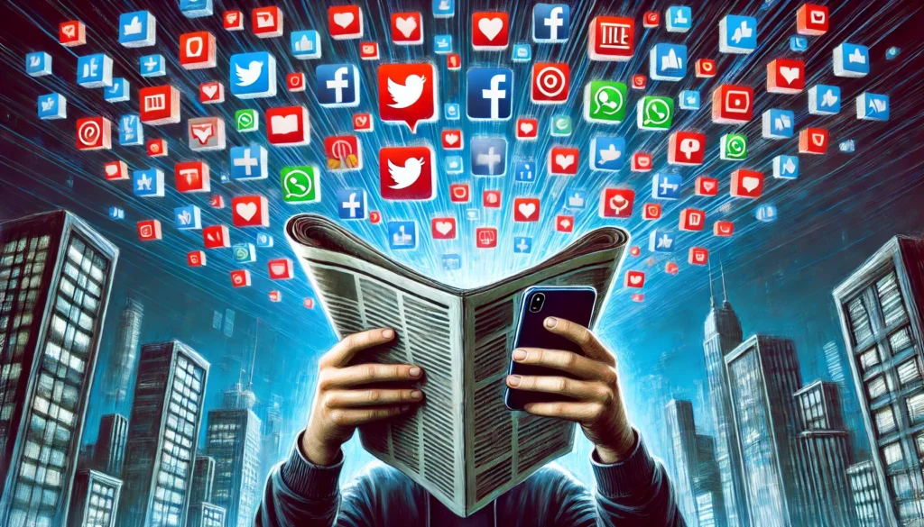 A thought-provoking digital illustration of a person holding a newspaper while their phone screen displays endless social media notifications, representing the challenge of balancing digital and traditional news consumption.