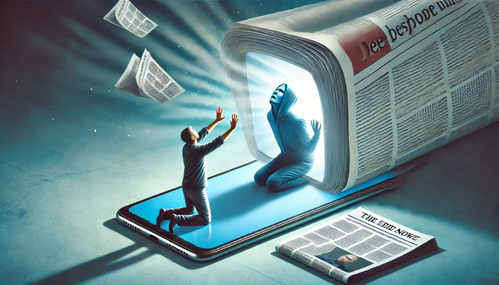 A surreal illustration showing a person trapped inside a smartphone screen while a newspaper floats nearby, symbolizing the struggle between digital addiction and traditional media consumption.