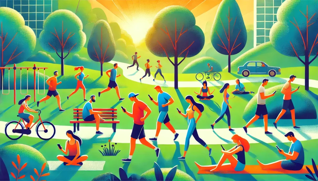 "A vibrant outdoor park scene where people are engaging in various activities like jogging, yoga, and talking with friends, all without using their phones, illustrating the benefits of being off the phone."