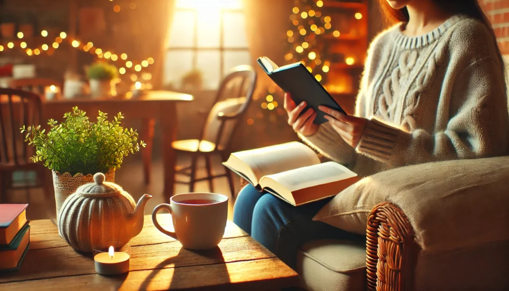 "A cozy indoor setting with a person enjoying a book and a cup of tea, highlighting the relaxation and mindfulness gained from getting off their phone."