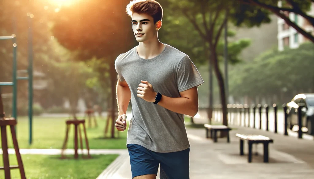 A young adult with ADHD jogging in a park, looking energized and focused. The image showcases how physical activity can boost attention and concentration for individuals with ADHD.