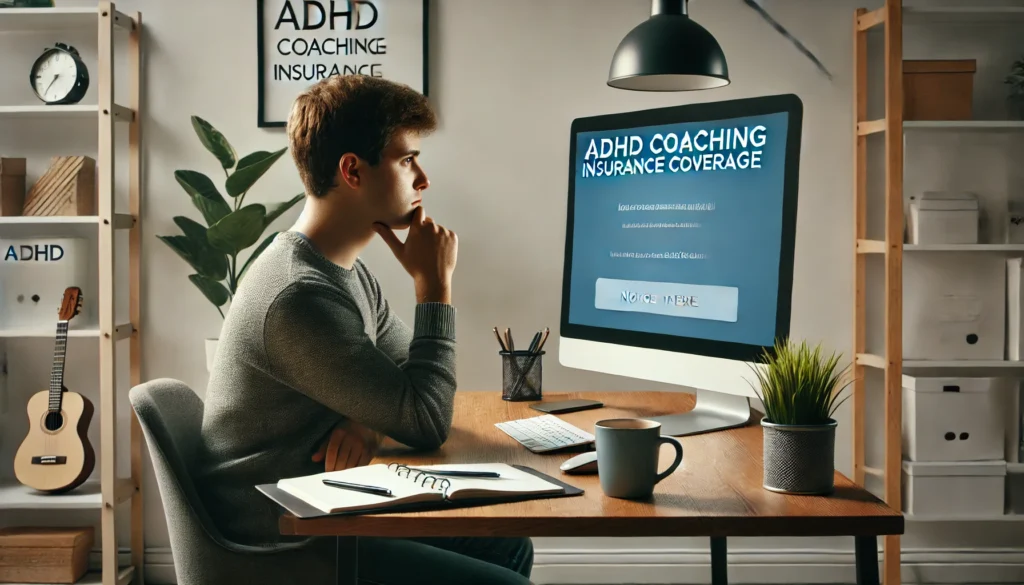 A thoughtful individual sitting at a desk, looking at a computer screen displaying a webpage about ADHD coaching insurance coverage in a modern home office.