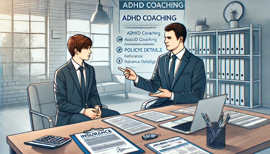 A conceptual illustration of an insurance representative explaining ADHD coaching coverage to a client in a professional office setting.