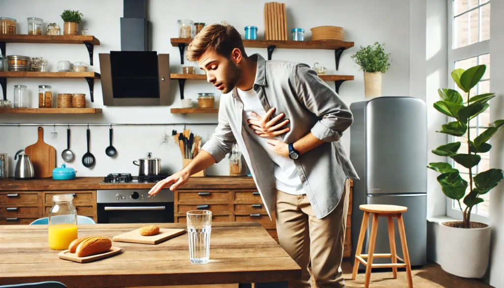  A person experiencing dizziness due to ADHD, standing in a modern kitchen while holding onto the counter for balance. They appear slightly disoriented but are taking a deep breath to stabilize. A glass of water and a healthy snack are on the counter, showing self-care efforts.