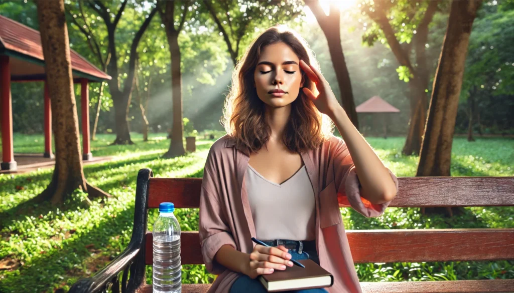 A woman with ADHD sitting outdoors on a park bench, closing her eyes and taking deep breaths to cope with dizziness. The peaceful setting includes trees and sunlight, with a water bottle and journal beside her, indicating mindfulness and self-care.