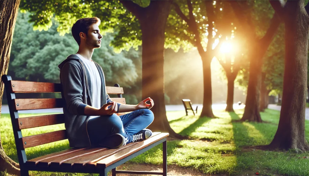 A peaceful outdoor setting where a person with ADHD is practicing mindful breathing and relaxation techniques to manage stress wisely. The environment features a serene park with a bench, surrounded by trees and soft sunlight.