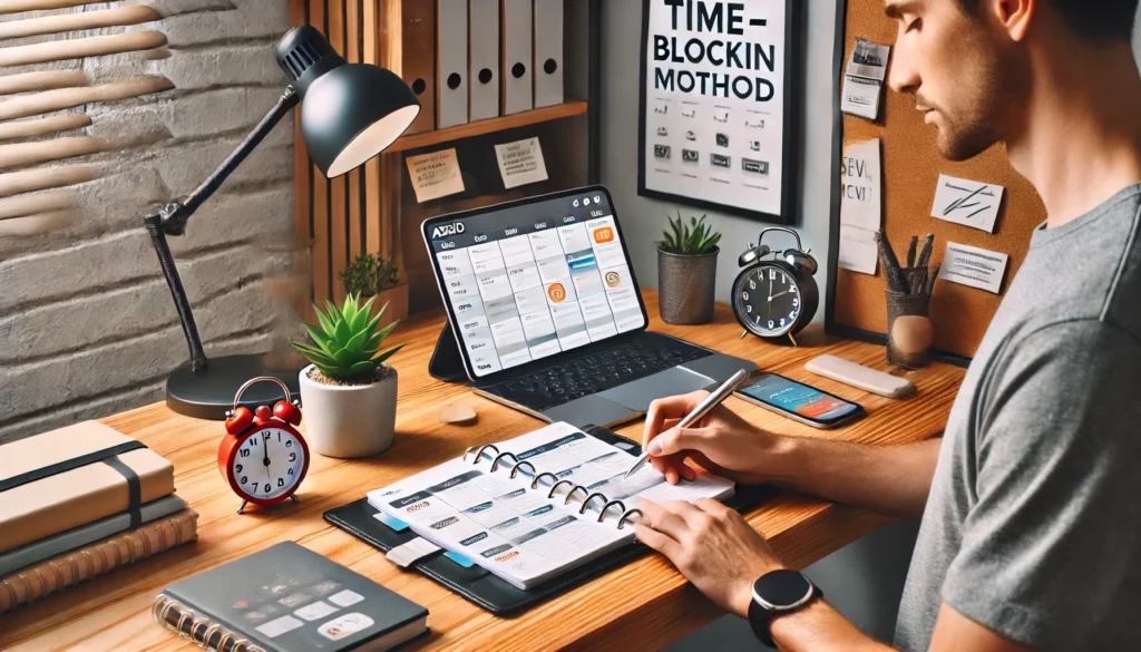 A modern home office setup where a person with ADHD is using a time-blocking method on their digital planner to manage tasks wisely. The workspace is neatly organized, featuring productivity-enhancing items like a timer, a small plant, and a motivational poster.