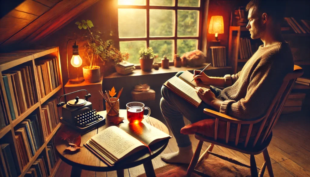 A cozy reading nook where a person with ADHD is practicing mindfulness by journaling about their thoughts and emotions wisely. The environment is peaceful, with warm lighting, a comfortable chair, and a window overlooking nature.