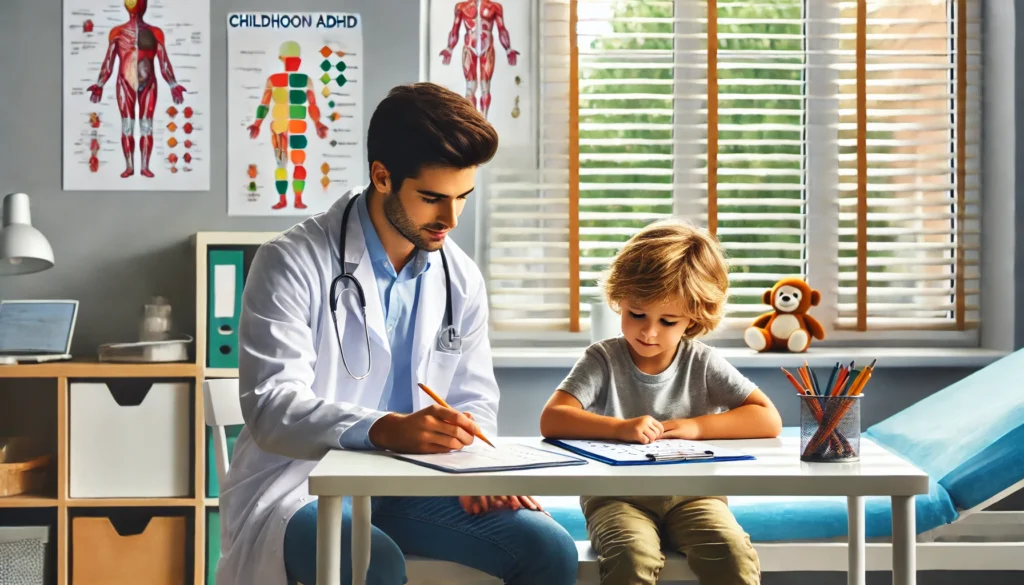 A pediatrician administering a childhood ADHD test in a doctor's office – A professional medical setting where a kind pediatrician observes a child completing a cognitive ADHD assessment. The bright office includes medical charts and educational materials, ensuring a structured and supportive evaluation process.