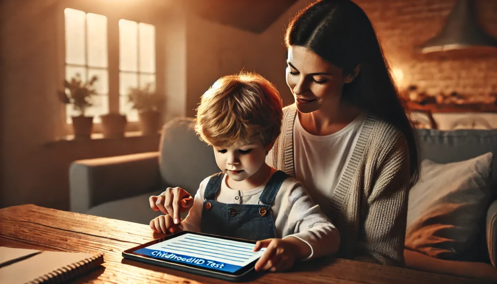 A mother helping her child with an online childhood ADHD test – At home, a nurturing mother guides her young child through an ADHD assessment on a tablet. The cozy setting, warm lighting, and supportive interaction create a comfortable testing environment.