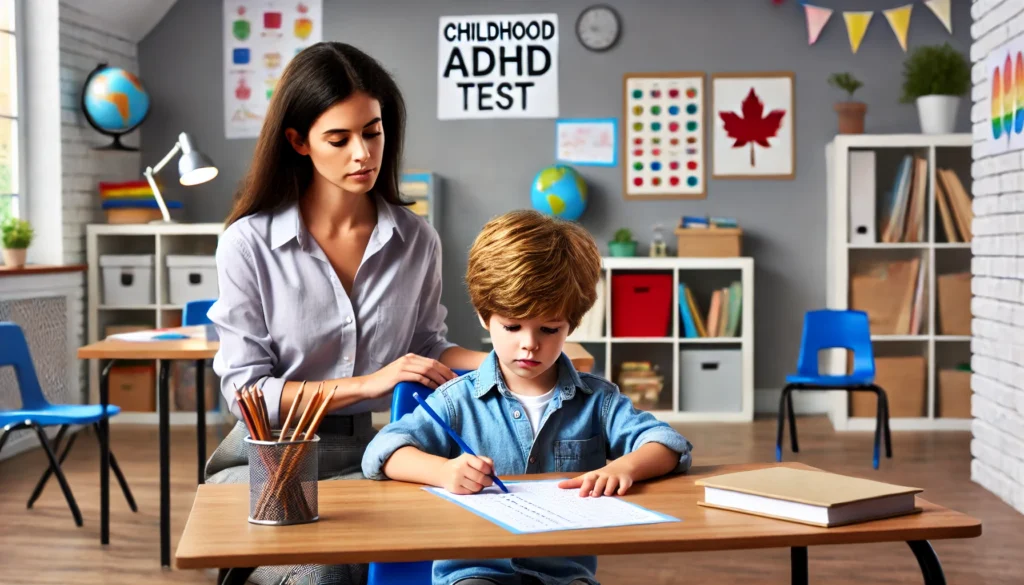 A young child taking a childhood ADHD test in a school setting – A focused child sits at a desk, completing an ADHD assessment under the supervision of a caring teacher. The bright and welcoming classroom includes educational posters and books, fostering a positive learning environment.