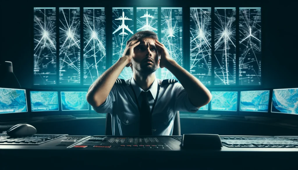 A stressed air traffic controller in a high-pressure control room, overwhelmed by complex flight paths on multiple screens.

ALT Text: "Overwhelmed air traffic controller with ADHD in a high-stress environment, illustrating challenges in fast-paced, high-stakes jobs."