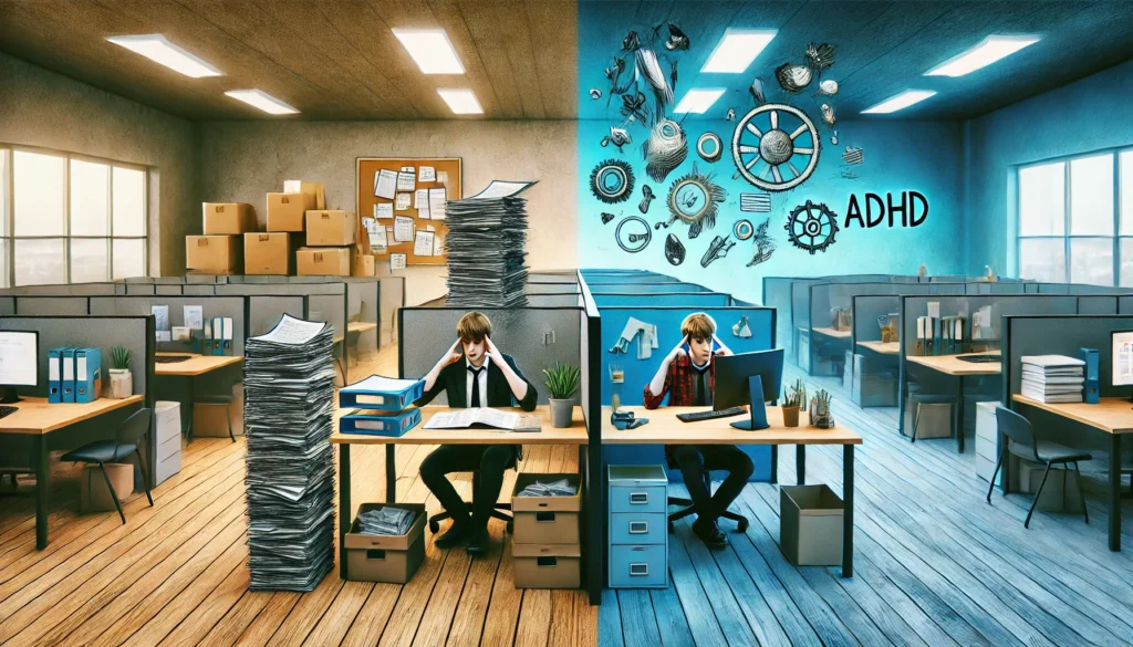 A split-screen contrast of two work environments—one rigid and structured with cubicles and paperwork, the other a creative, dynamic workspace where an ADHD individual is engaged.

ALT Text: "Comparison of restrictive vs. adaptable work environments for ADHD individuals, highlighting job challenges and opportunities."