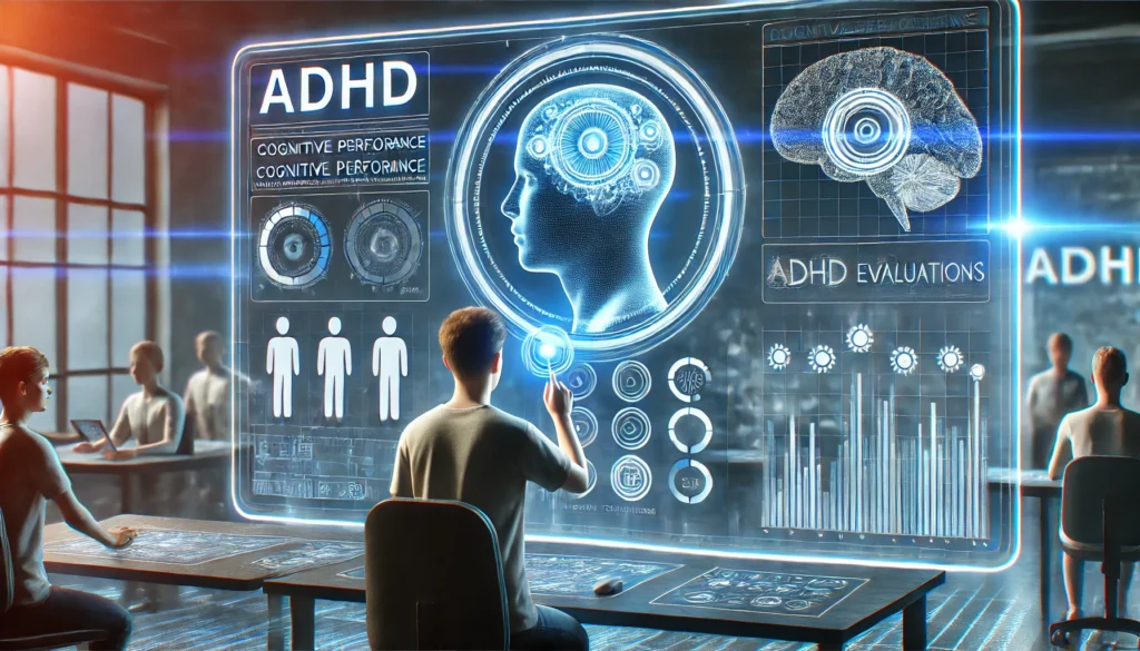 A futuristic depiction of ADHD testing using digital diagnostic tools, with a patient interacting with an advanced brain activity interface.

ALT Text: "Modern ADHD testing using digital tools, showcasing brain activity analysis and cognitive performance evaluation."
