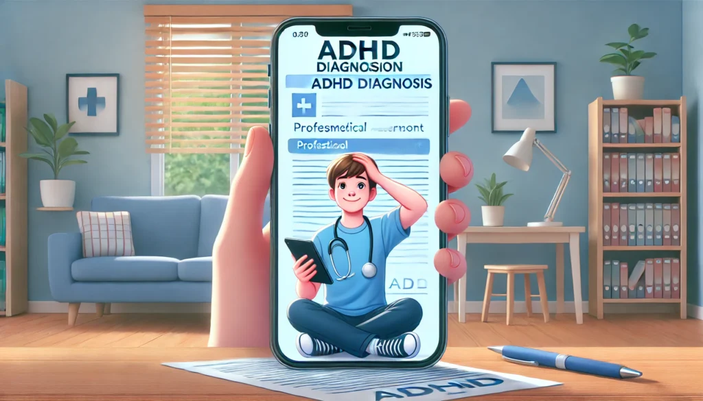 A conceptual illustration of an individual receiving an online ADHD diagnosis report on their smartphone, appearing relieved and hopeful.