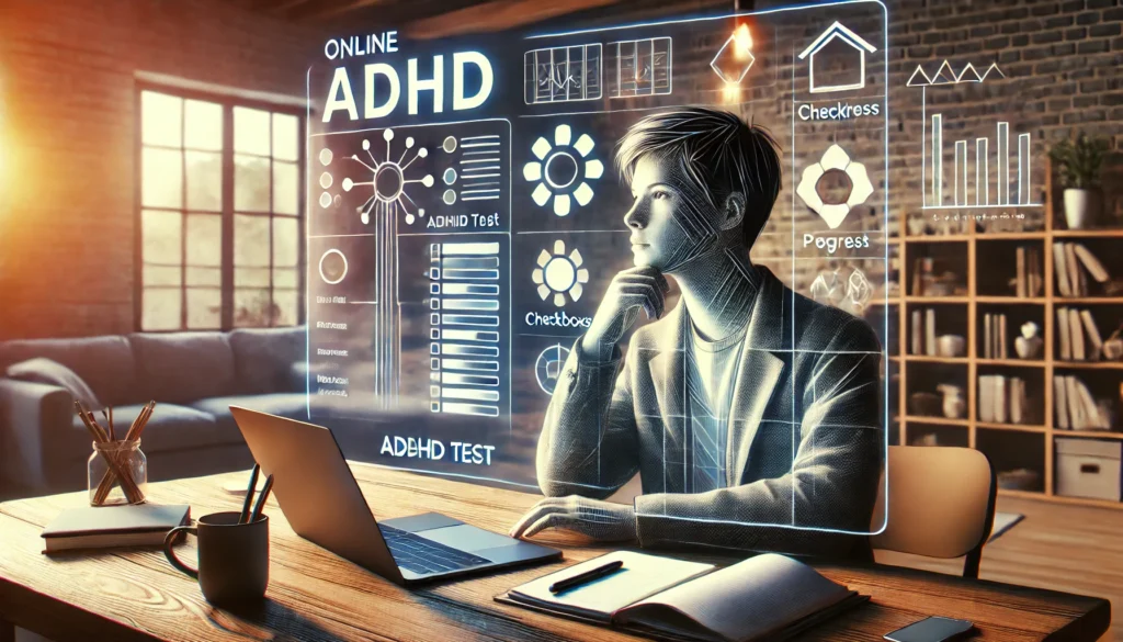 An artistic representation of an individual taking an online ADHD test on a laptop, focused and engaged.