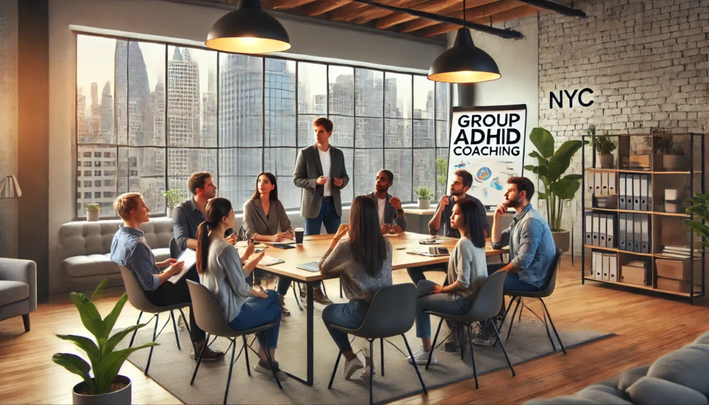 "A group ADHD coaching session in NYC held in a modern coworking space. The coach leads a discussion with engaged clients, fostering collaboration and support in an urban setting."