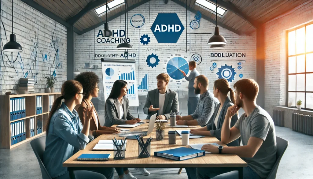 A group ADHD coaching session in a collaborative workspace – A dynamic and inclusive coaching environment where individuals with ADHD engage in shared learning.