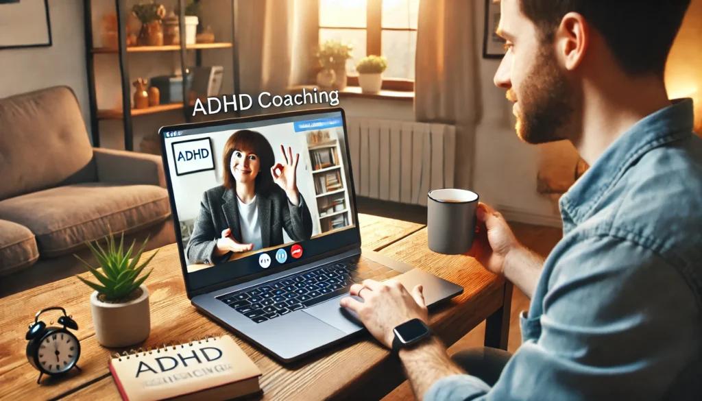 An ADHD coaching session conducted virtually via video call – A supportive and accessible remote coaching session, highlighting how virtual ADHD coaching works.