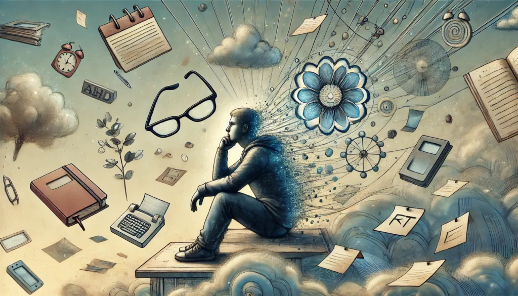 "An artistic depiction of a person lost in thought, symbolizing absent-mindedness associated with ADHD. Floating notebooks, misplaced glasses, and forgotten reminders subtly highlight the challenges of memory recall."