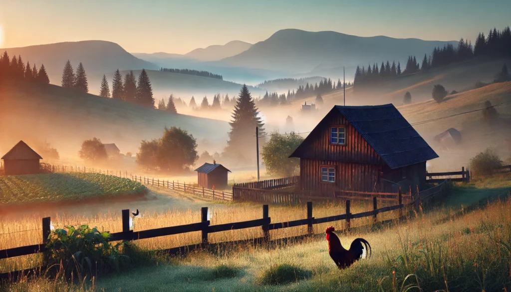 A peaceful rural scene at dawn featuring a small wooden house, expansive fields, and misty mountains in the background. The early sunlight illuminates the landscape, with a rooster perched on a fence and dew glistening on the grass.