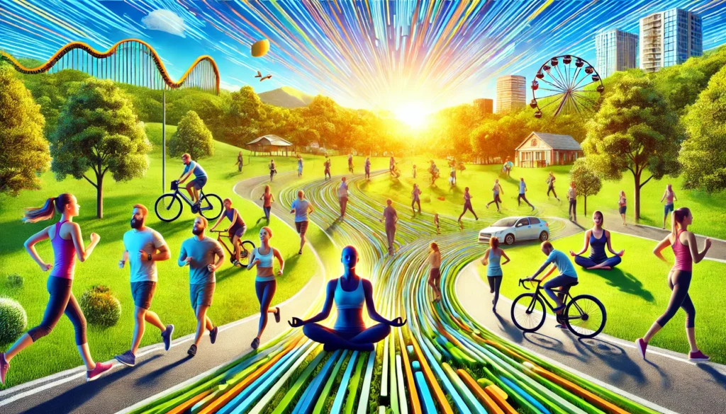 A vibrant park scene with people jogging, cycling, and meditating, showcasing physical activity and mental well-being