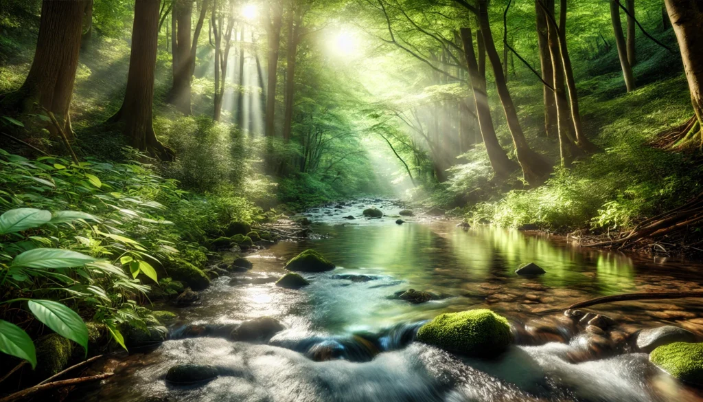 A tranquil forest with a clear stream reflecting sunlight through the trees, emphasizing tranquility and mental clarity