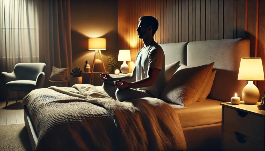 A tranquil bedroom at night, featuring a person sitting cross-legged on their bed practicing deep breathing exercises. The room is softly illuminated by a bedside lamp, with cozy bedding and minimal decor enhancing the atmosphere of calmness and serenity.