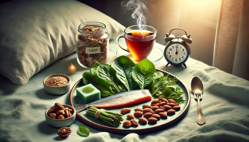 A balanced plate with leafy greens, nuts, fish, and a steaming cup of herbal tea, set against a softly lit background. The image highlights the role of nutrition in promoting relaxation and sleep quality.