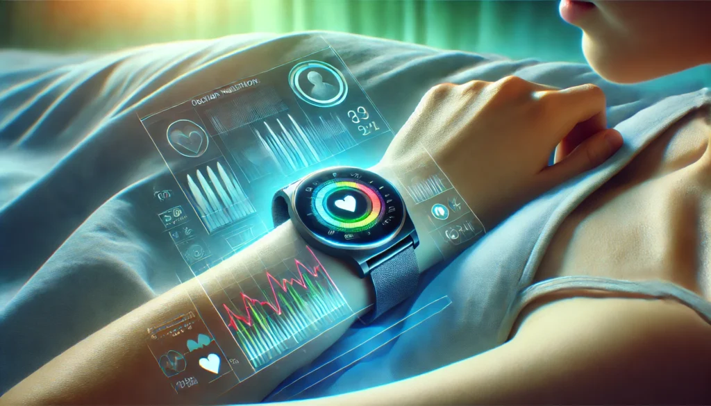 A close-up of a futuristic health wearable on a wrist, displaying vibrant sleep and circadian rhythm data. The background features calming hues of blue and green, emphasizing relaxation and health monitoring.