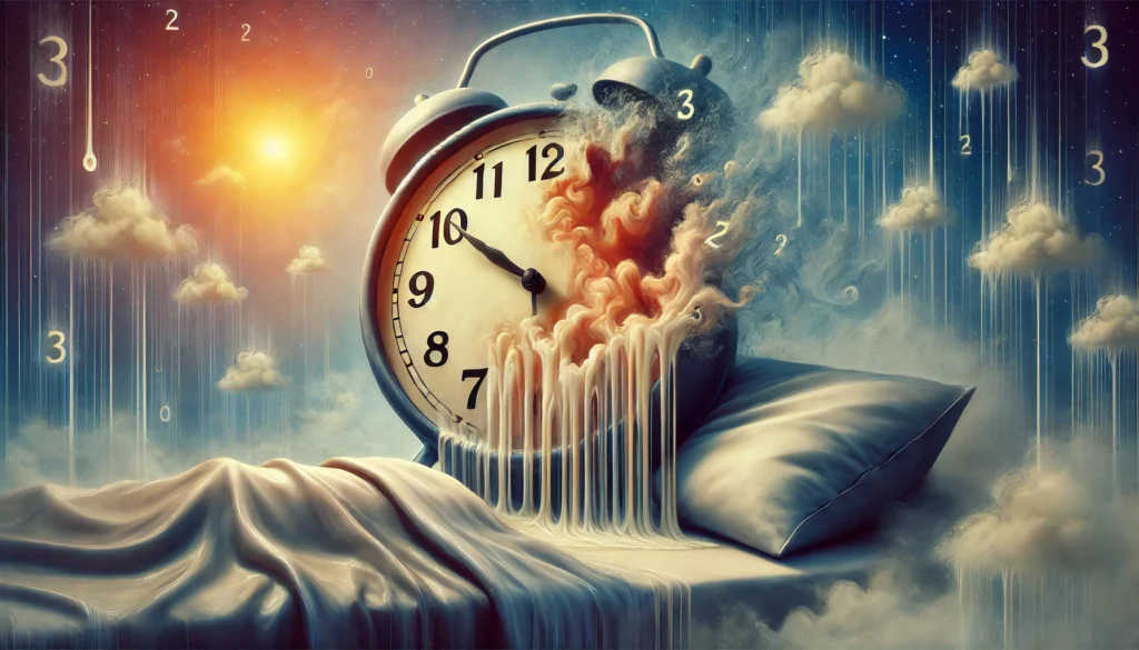 An artistic representation of disrupted sleep cycles, featuring a surreal clock with melting or distorted numbers, symbolizing memory loss and fragmented sleep in a hazy, dreamlike setting.