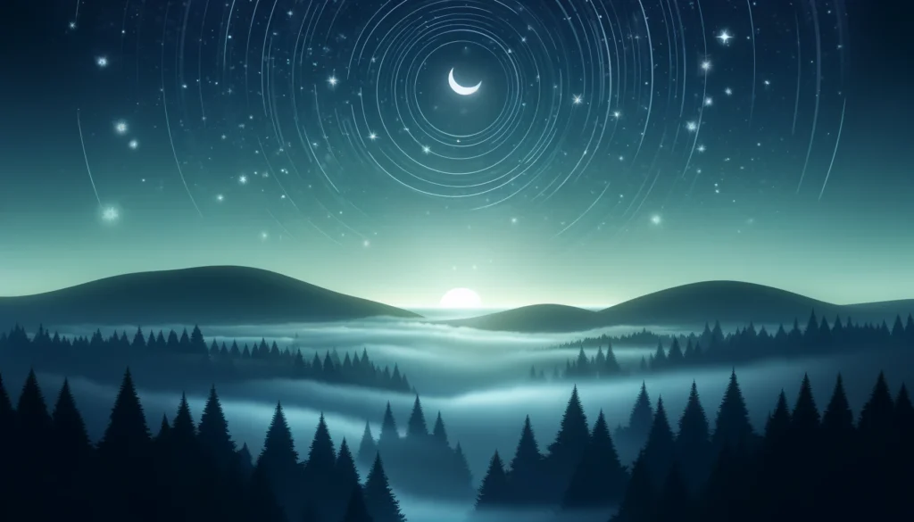 A tranquil night scene featuring a crescent moon and scattered stars over a quiet forest. The landscape is softly lit with a mystical fog rolling over treetops, evoking peace and relaxation, symbolizing the calming effects of sleep hypnosis.