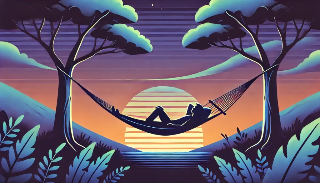 A tranquil outdoor scene at dusk, featuring a hammock strung between two trees with a person reclining inside. The soft orange and purple hues of the sky transition into night, highlighting the peaceful connection to nature and promoting relaxation for better sleep habits.