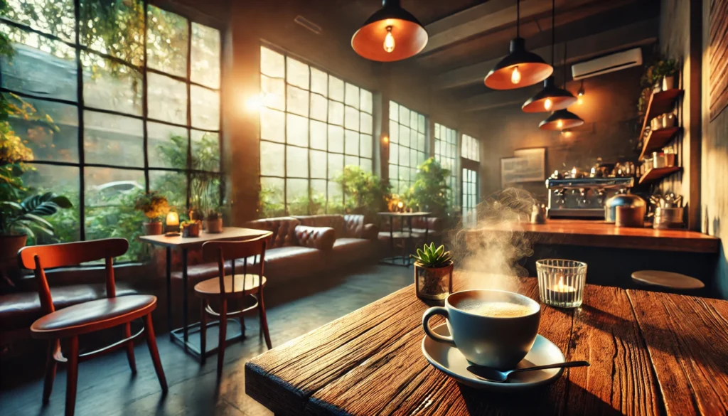 A warm coffee shop interior during early morning hours, featuring a steaming cup of coffee on a rustic wooden table. Large windows let in soft daylight, surrounded by greenery and warm lighting, creating a tranquil ambiance.