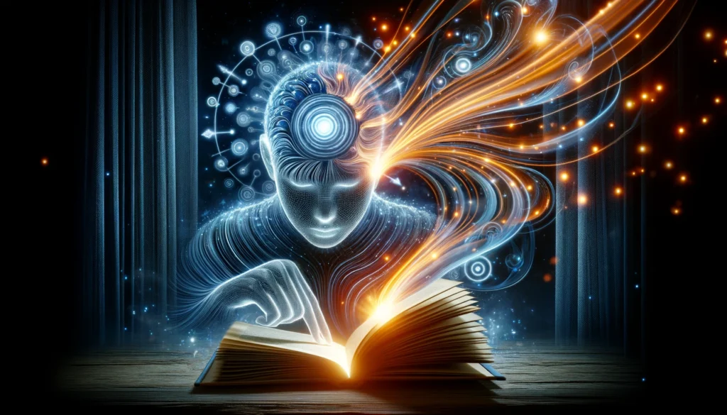 An abstract visualization of a person reading a book with glowing energy waves emanating from the pages, symbolizing enhanced reading skills. The waves represent comprehension, retention, and fluent reading.