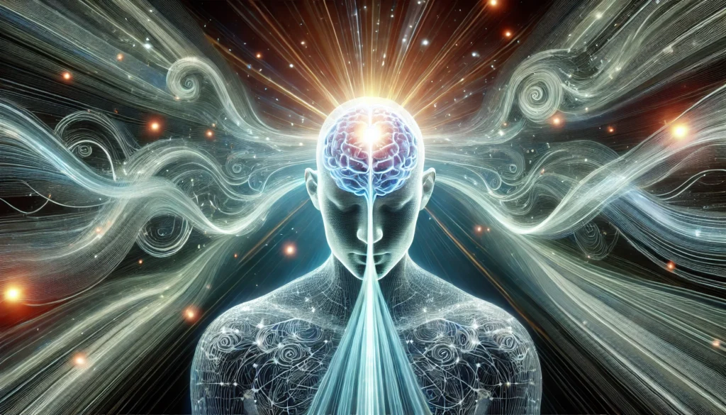 A futuristic representation of a person with an illuminated mind, surrounded by flowing knowledge streams, symbolizing advanced reading comprehension and retention techniques. The streams seamlessly integrate into the brain.