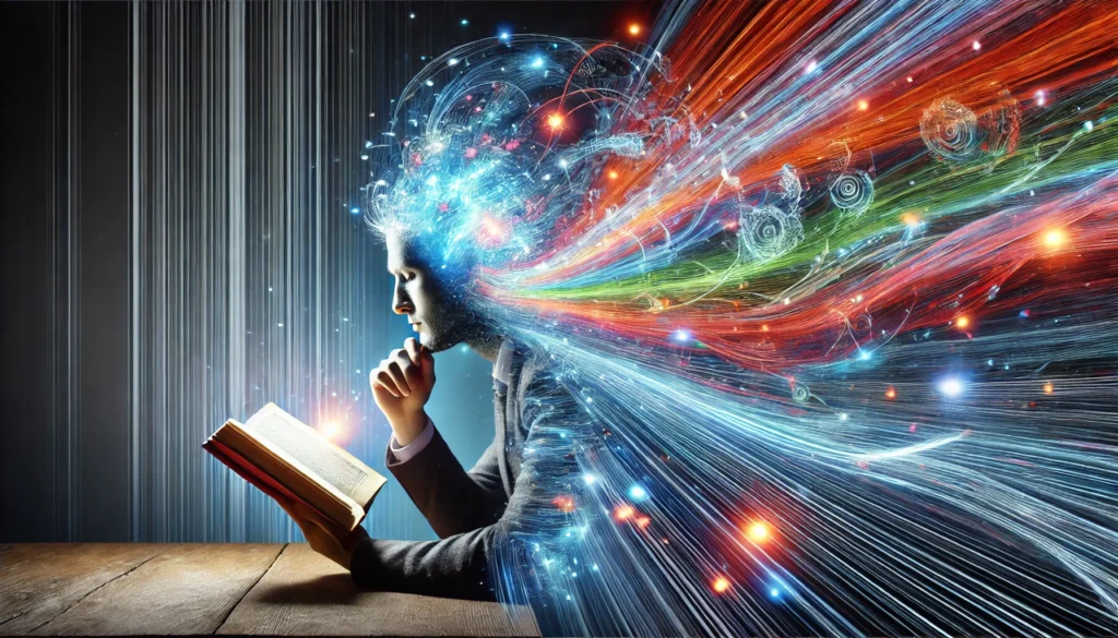 An artistic visualization of a person deeply immersed in reading, with vibrant light trails flowing from the book into their mind, symbolizing improved focus, comprehension, and learning speed.