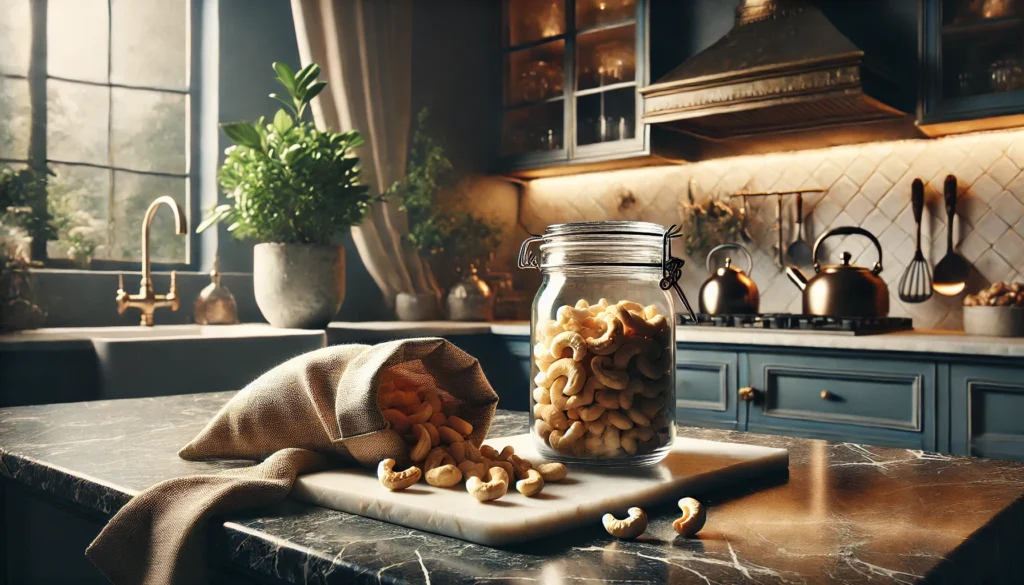 A sophisticated nighttime kitchen setting featuring a marble countertop with a glass jar of cashew nuts, an open bag spilling cashews, and a potted plant, all softly illuminated by warm lighting.