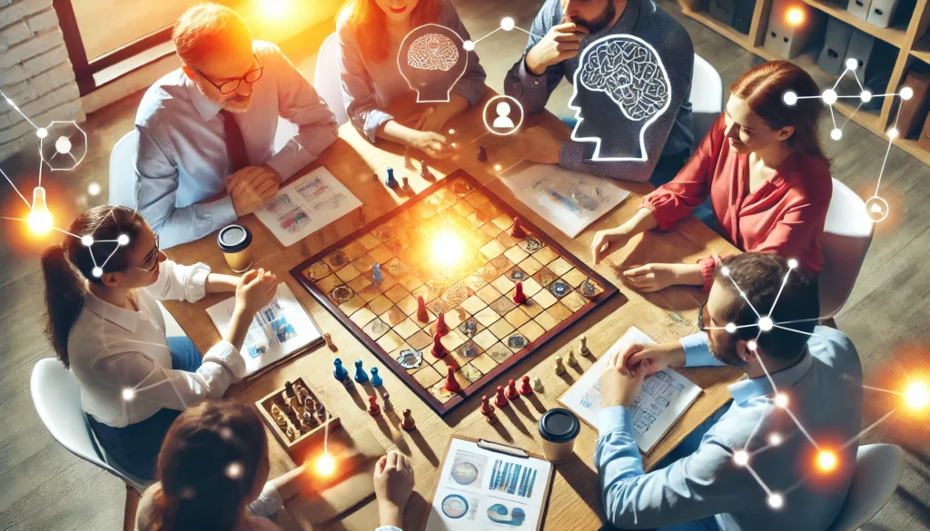 A group of people playing a strategic board game around a well-lit table, symbolizing cognitive skills training through social interaction in a cheerful and collaborative atmosphere.