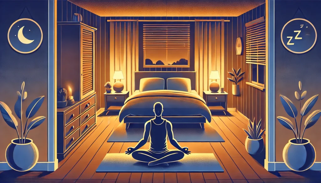 A tranquil bedroom with a person meditating on a yoga mat, surrounded by a cozy bed, soft warm lighting from a bedside lamp, and a calm ambiance. The scene emphasizes relaxation techniques to promote better deep sleep.