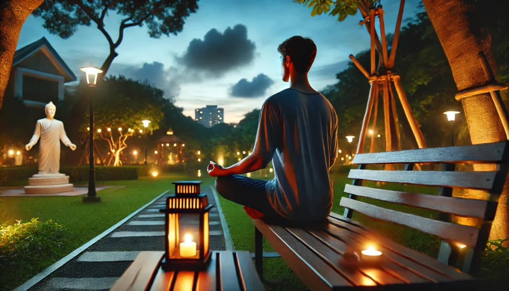 An outdoor evening scene featuring a young adult practicing mindfulness meditation in a quiet park. Surrounded by a wooden bench, glowing lanterns, and a calming twilight sky, the peaceful setting emphasizes relaxation and resetting sleep patterns.