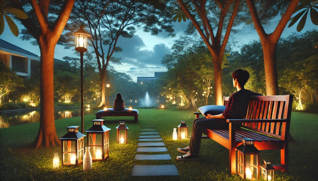 A serene outdoor setting with a young adult sitting on a wooden bench in a quiet park, surrounded by glowing lanterns and soft twilight hues. The peaceful ambiance promotes relaxation and preparation for restorative sleep.