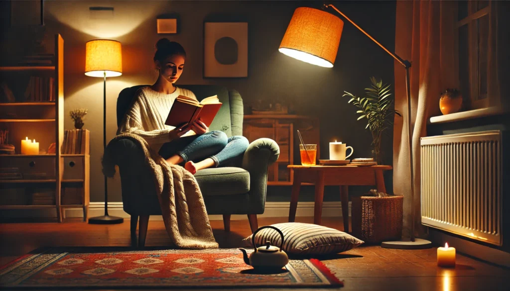 A cozy living room in the evening featuring a young adult reading a book in a comfortable armchair. Warm ambient lighting from a floor lamp, a blanket draped over the chair, and a cup of tea nearby create a calming atmosphere to support a pre-sleep routine.